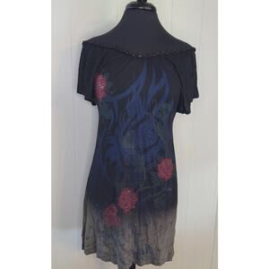 Miss Me Women’s Off Shoulder Mini Dress – Size M Black Graphic Print